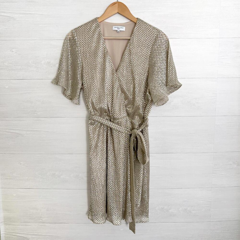 Waverly Grey Liberant - Beige silver faux wrap stretch short sleeve dress, sz 12